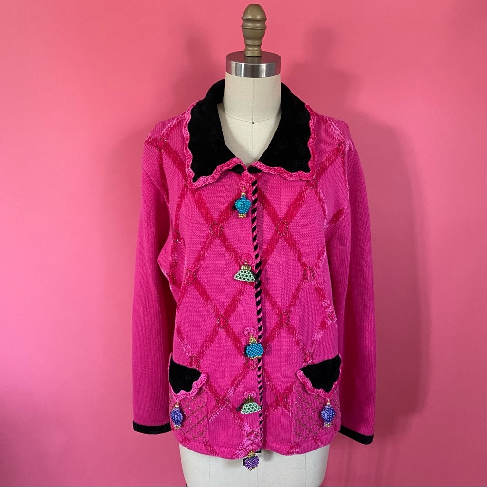 Vintage 80s/90s STATEMENT Lattice Embellished Beaded Perfume Bottle Cardigan L